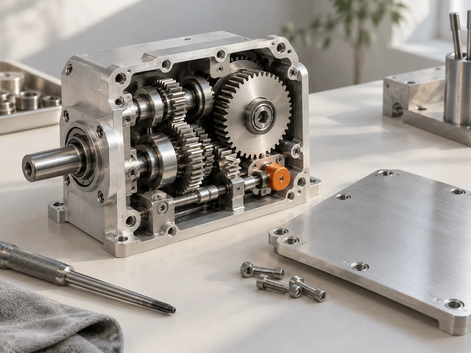 A metal gearbox has its cover removed, exposing gears and shafts beside one orange adjustment knob.