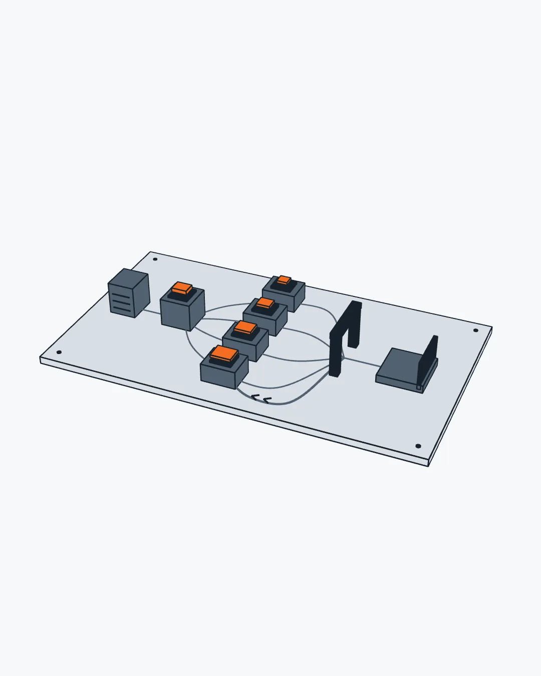A workbench model: a source block and a planner send four orange packets of different sizes to four workers; results pass a dark gate into a record, and one packet is turned back.