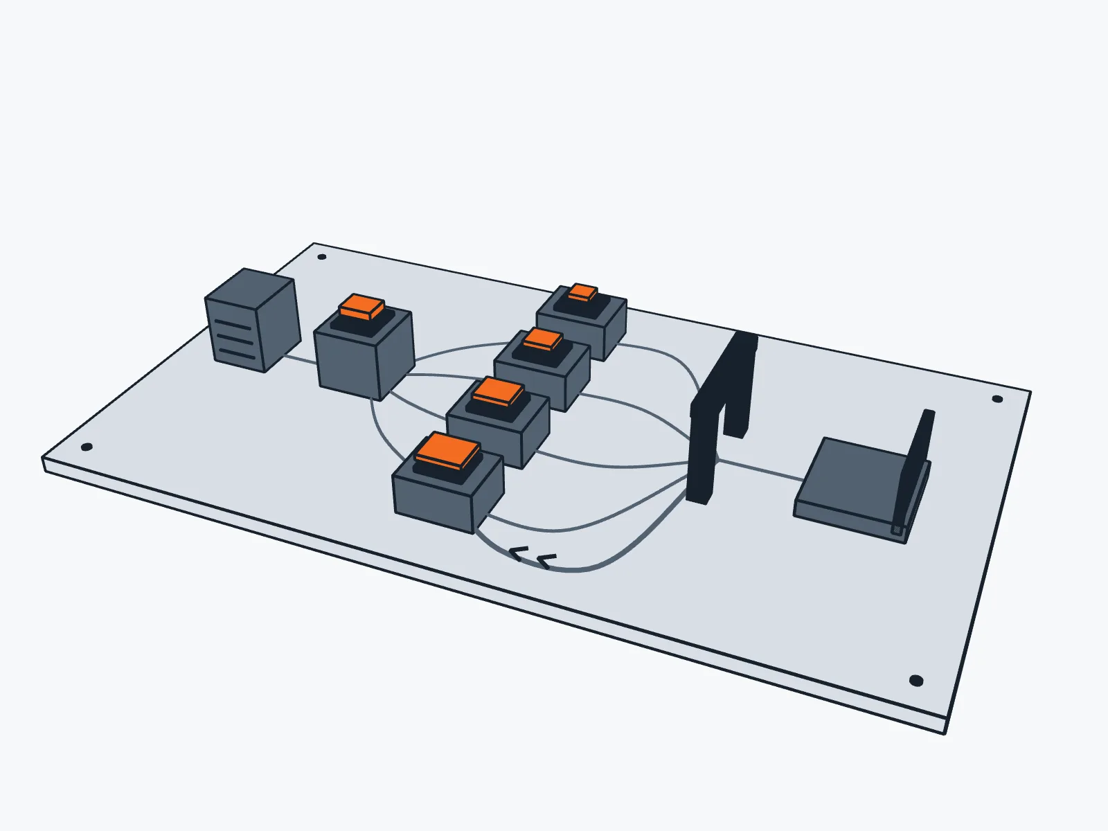 A workbench model: a source block and a planner send four orange packets of different sizes to four workers; results pass a dark gate into a record, and one packet is turned back.