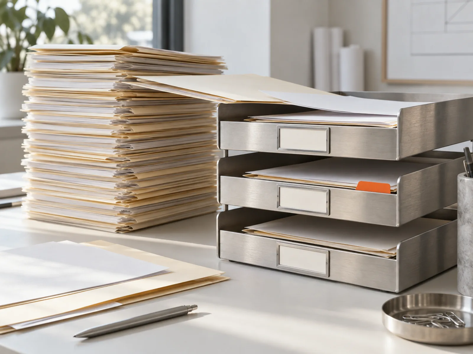 A stack of paper files is sorted into three metal trays, with an orange tab marking one tray for review.